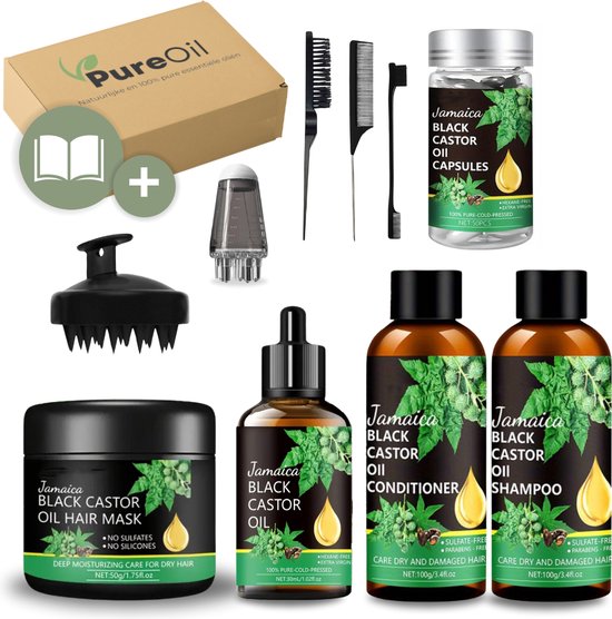 Foto: Pureoil castor olie pro complete set 8 delig 100 koudgeperst castor oil shampoo conditioner masker capsules applicator en scalp massager haargroei anti pluis minoxidil 5 alternatief haaruitval baardgroei wimpers w