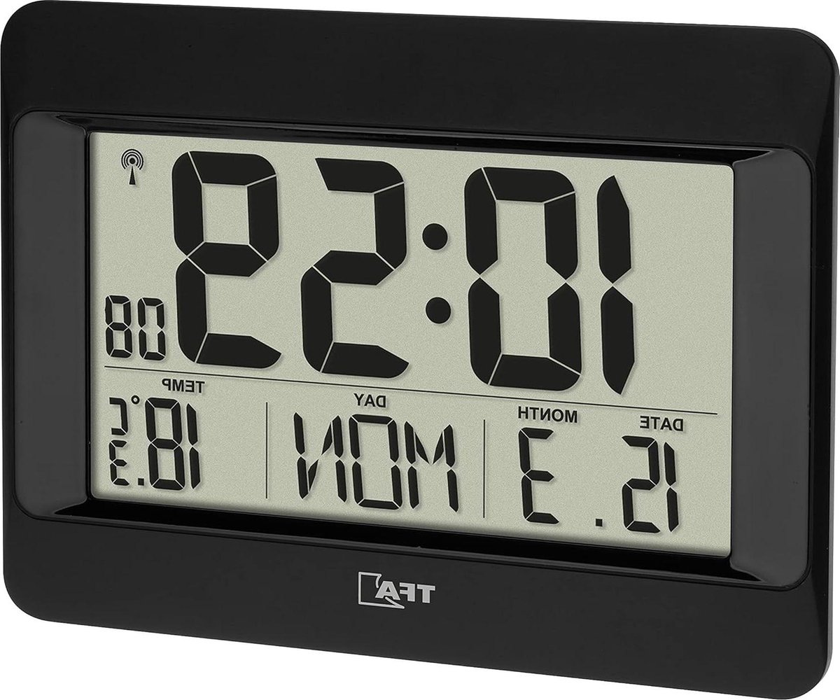 SnelShoppen - Radiogestuurde Wandklok met Binnen temperatuur, Alarm met Snooze, Datum + Weekdag (8 Talen), Zwart, Voor Hangend of Staand Gebruik, 215x