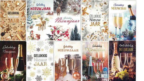 10 Luxe Nieuwjaarskaarten - 12 x17 cm - gelukkig nieuwjaar - 10 motieven - 10 losse nieuwjaarskaarten - Gevouwen kaarten met enveloppen