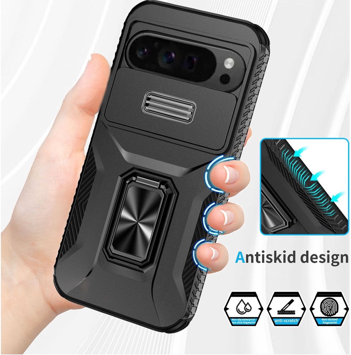Mobigear Hoesje geschikt voor Google Pixel 9 Pro XL Telefoonhoesje Hardcase | Mobigear Armor Ring Cam Slide Backcover Shockproof met Ringhouder en Camera Slider | Schokbestendig Pixel 9 Pro XL Telefoonhoesje | Anti Shock Proof - Zwart