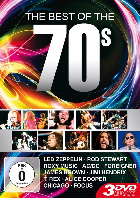 De hoes van 'The Best Of The 70s' toont een collage van artiesten zoals Led Zeppelin, Jimi Hendrix en AC/DC met neonkleurige abstracte golven.