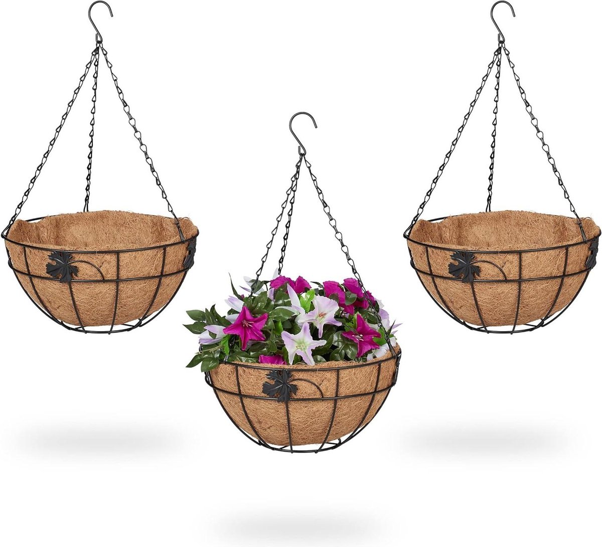 3 manden hanging baskets HxØ 48x31 cm hangplanten voor binnen & buiten kokos met metalen frame bruin zwart