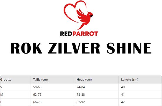Red Parrot Rok Zilver Shine maattabel met maten S, M, L.