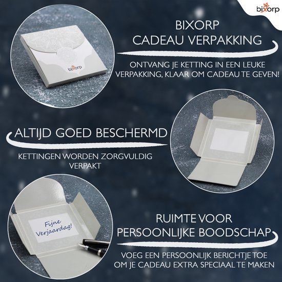 Gouden Bixorp cadeauverpakking voor een ketting, met ruimte voor een persoonlijke boodschap.