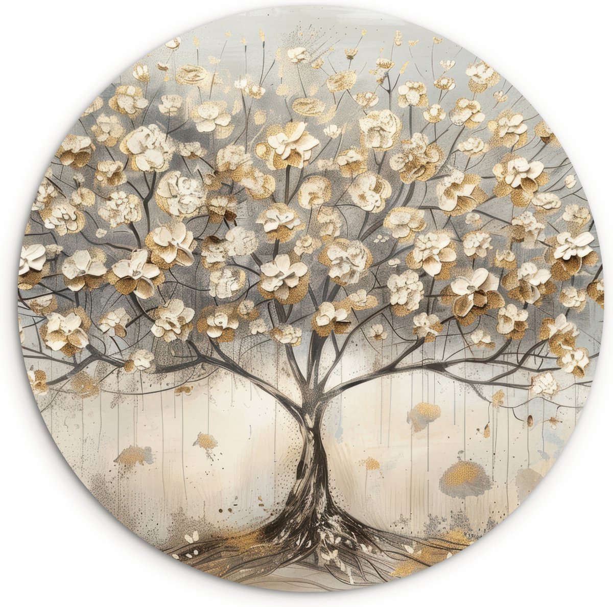 WallCircle Wandcirkel 150x150 cm - Muurcirkel Boom - Beige - Goud - Verflook - Bos - Bloemen - Landschap - Aardetonen - Muurdecoratie woonkamer cirkel - Wanddecoratie slaapkamer - Kamer decoratie accessoires - Ronde schilderijen binnen Levensboom