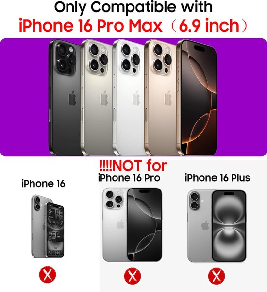 Kleuren iPhone 16 Pro Max hoesjes: zwart, zilver, wit, goud. Niet geschikt voor iPhone 16, 16 Pro of 16 Plus.