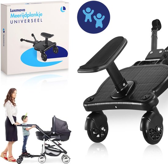 Luxmovo Meerijdplankje Universeel - Voor Kinderwagen - Verstelbaar - Buggy Board - Stroller - Extra stevig - Zwart - Dubbele stevige wielen - Zitten of staan mogelijk.