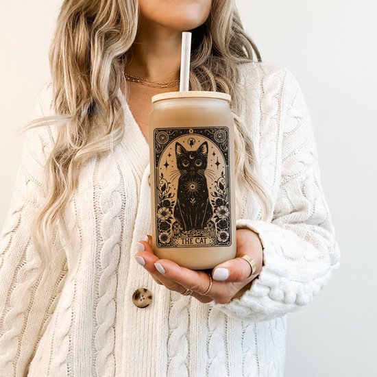 Foto: Tarot the cat glazen drinkbeker met rietje en deksel longdrinkglazen bubble tea beker smoothie beker frisdrankglazen 500ml ijskoffie beker blikvormige glazen bekers beer can cocktailglazen ijskoffie glas matcha boba cadeau