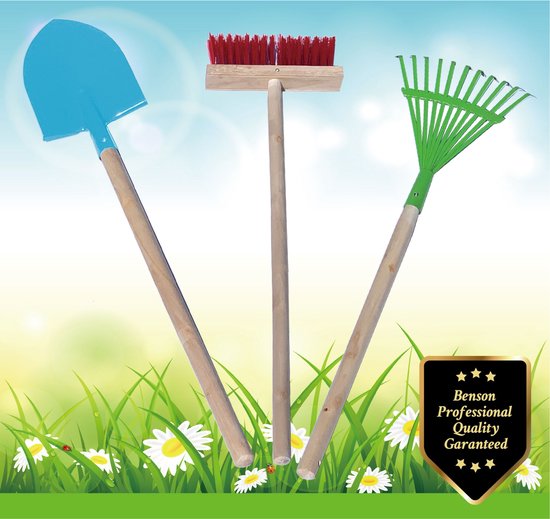 Benson Tuingereedschap voor kinderen - 3-delig - speelgoed schop/schep, hark en bladhark