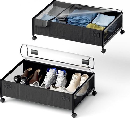 Onder bed opslag, onder het bed opbergcontainers met wielen, onder bed schoen opbergorganizer lade, gereedschapsvrije montage metalen onderbed opbergcontainers voor slaapkamer kleding schoenen dekens -zwart Onder bed opslag, onder het bed opbergcontainers met wielen, onder bed schoen opbergorganizer lade, gereedschapsvrije montage metalen onderbed opbergcontainers voor slaapkamer kleding schoenen dekens -zwart