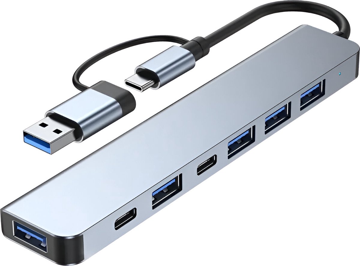 LuTech® USB 3.0 Hub - 7 Poorten - Hoge Snelheid - Inclusief USB-C Converter - USB Hub - USB Splitter - Zilver
