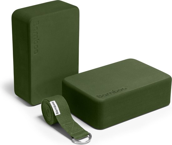 Foto: Bamboa yogablokken set groen gratis yoga riem ronde hoeken eva foam 2 yoga blokken