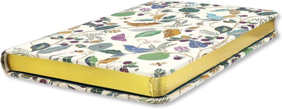 Gesloten notitieboek met gouden bladzijden en een patroon van vogels, bessen en bladeren.
