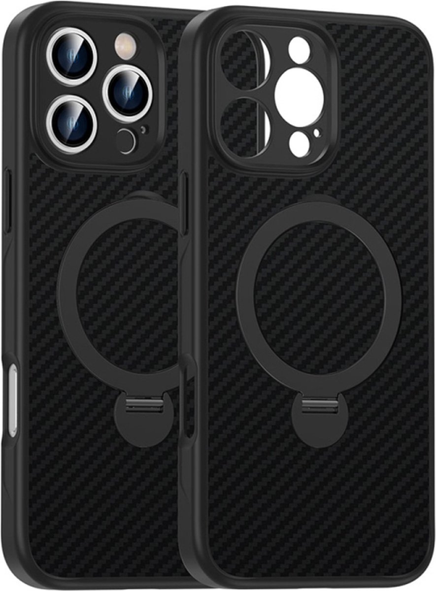 Geschikt Voor iPhone 16 Pro Max Carbon Fiber Back Cover Hoes met 360 graden draaibare houder - Zwart