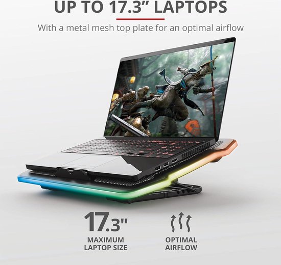 Trust Gaming GXT 1126 Aura Koelstandaard met Meerkleurige Verlichting, 5 Verschillende Kleurmodi, voor Laptops tot 17 inch, Regelbare Snelheid, Stiltefunctie - Zwart