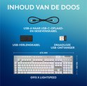 Inhoud van de doos: USB-A naar USB-C oplaadkabel, USB-verlengkabel, draadloze USB-ontvanger en G915 X Lightspeed toetsenbord.