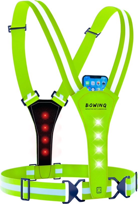 Foto: Bowinq london 200 neon reflecterend hardloopvest hardloop verlichting led usb c oplaadbaar telefoonhouder waterdicht nieuw