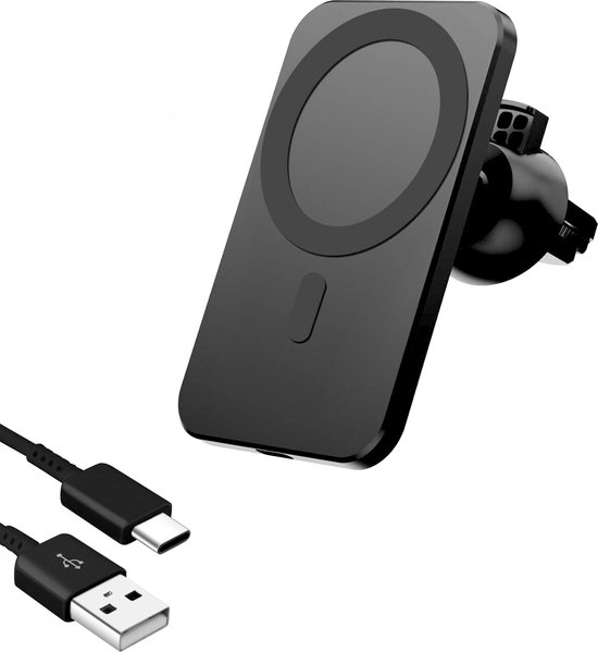 Zwarte magnetische telefoonhouder voor auto, met USB-C naar USB-A oplaadkabel.