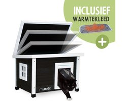 MyMax® Kattenhuisje Hout - Dierenhuis - Kattenhuis - Kattenhuis voor Buiten - Kattenhok - Met Openslaand Bitumen Dak - 57*45*43 CM - Zwart