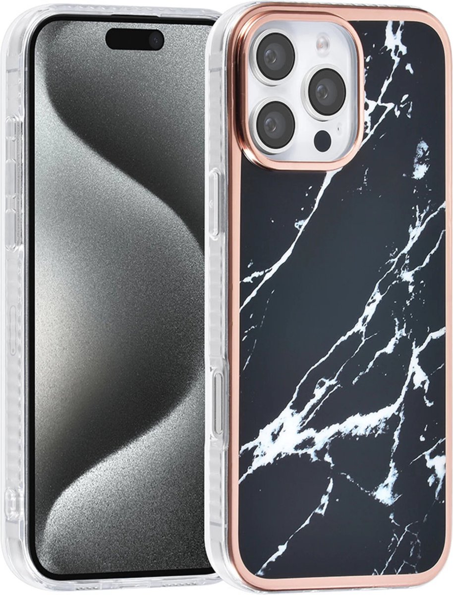 TUNIQ telefoonhoesje voor Apple iPhone 16 Pro - Siliconen backcover - Marmer zwart