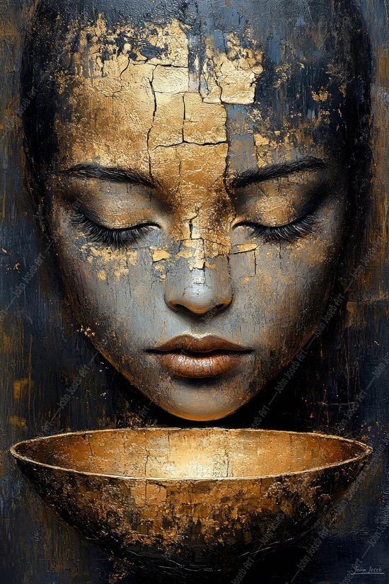 John Joseb Art (Canvas) 90x60 | Vrouw gezicht, schaal, grunge stijl, abstract, goud, portret, abstract, kunst | mens, grijs, blauw, zwart, modern | Foto-Schilderij canvas print (wanddecoratie)