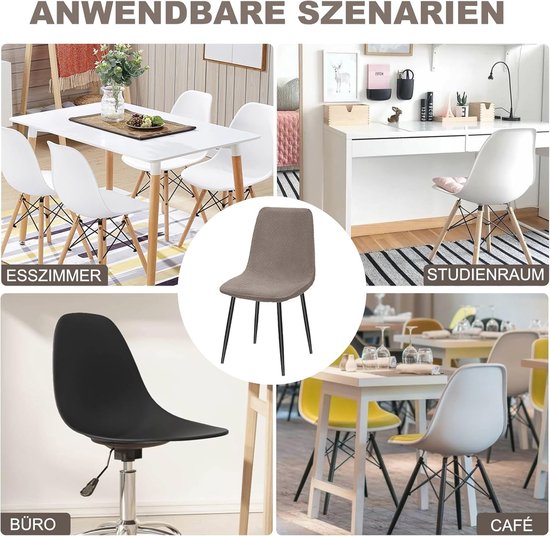 Collage van stoelen met hoezen in verschillende omgevingen: eetkamer, studeerkamer, kantoor en café.