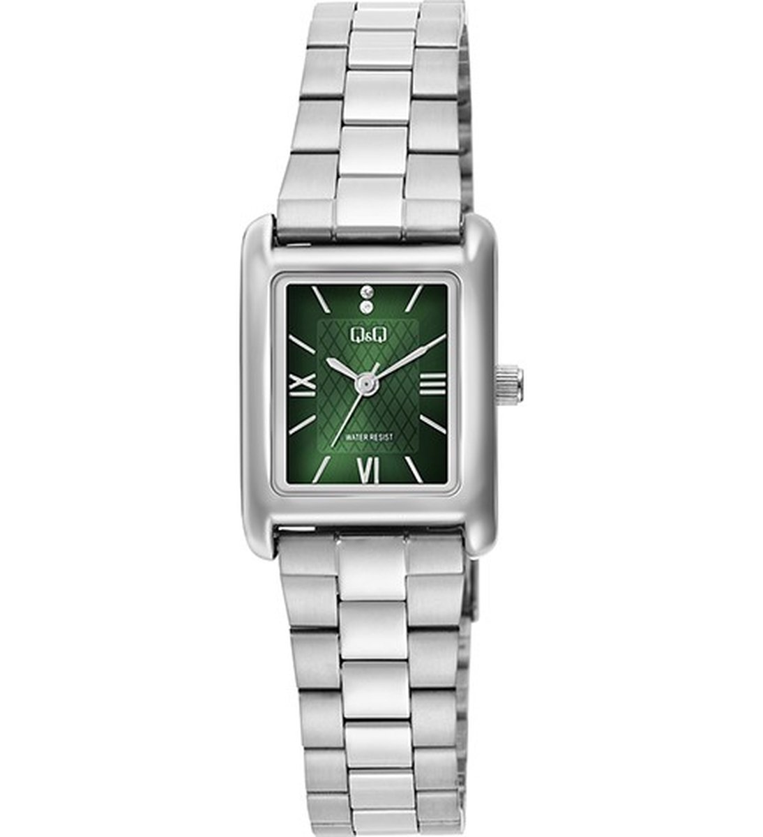 QQ C69A-003PY - Horloge - Polshorloge - Analoog - Dames - Vrouwen - Stalen band - Rechthoek - Metaal - Streepjes - Romeinse Cijfers - Zilverkleurig - DonkerGroen