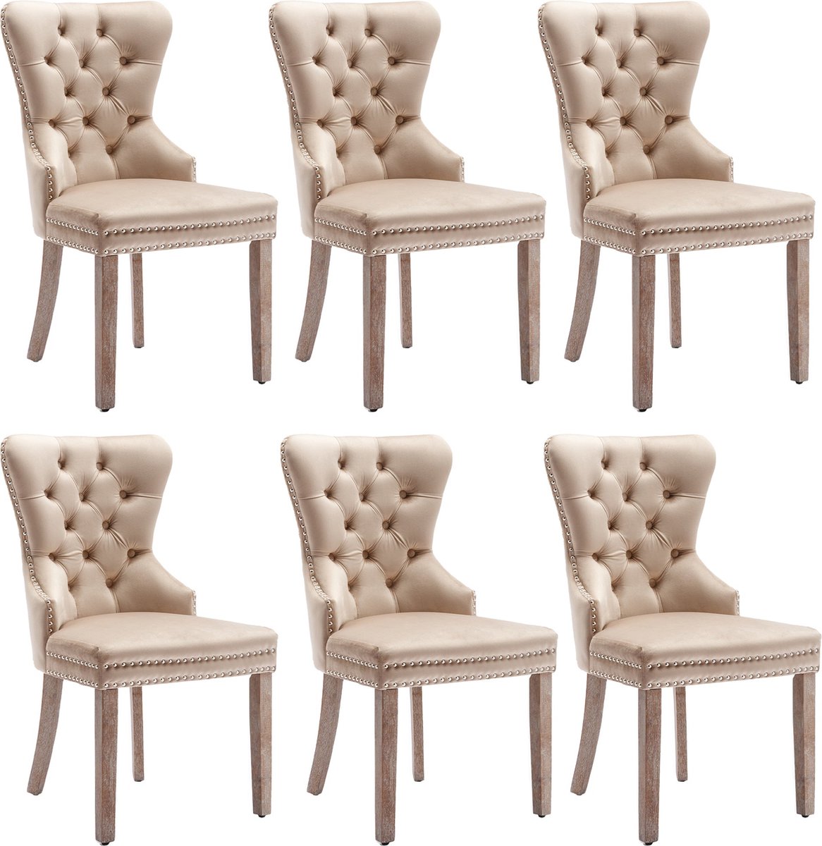 Merax Set van 6 Eetkamerstoelen – Beige Velvet Stoelen met Deurklopper en Houten Poten – Luxe Designstoelen met Nagelkopafwerking
