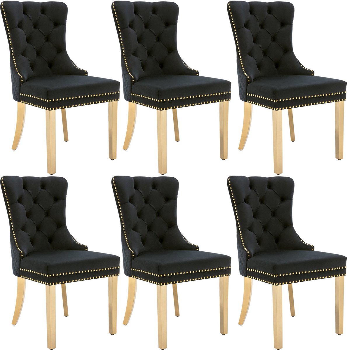 Merax Eetkamerstoelen Set van 6 – Velvet Zwart met Gouden Poten – Luxe Design Stoelen met Handgreep – Fluwelen Bekleding – 150 kg Draagvermogen