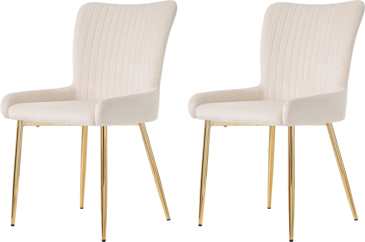 Merax Set van 2 Luxe Velvet Eetkamerstoelen – Beige met Gouden Metalen Poten – Comfortabele Designstoelen