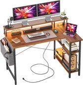 L-Vormig Hoekbureau met Stopcontacten en LED Verlichting - 120x70cm - Computerbureau met Omkeerbare Grote Opslagplanken - Boekenkast Werkstation voor Studeren, Spelen en Thuiswerken