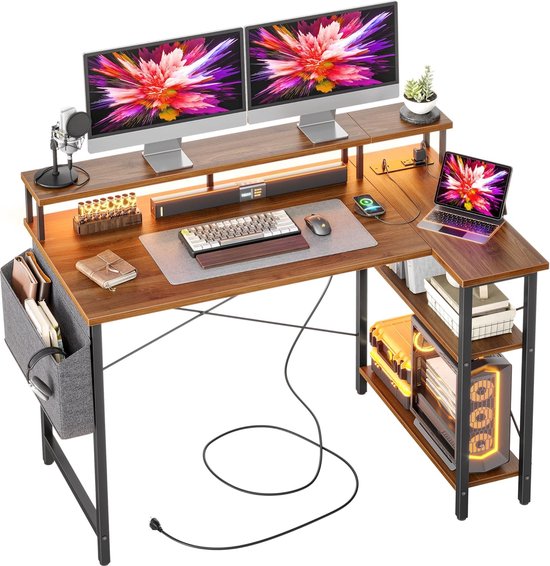 VASAGLE L-vormig bureau, 2 ruime lades, 115 x 105 cm,computerbureau met monitorstandaard, hoekbureau, speeltafel met verstelbare plank 115 x 105cm ebbenhout zwart LWD097B56