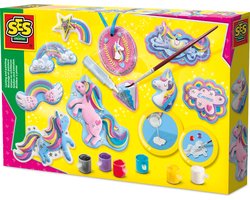 foto van SES - Gieten en schilderen - Eenhoorns - Unicorn Speelgoed - sneldrogend - Gips Gieten - vormpjes, gips, verf, penseel, glitterlijm, gladstrijkkam en satijnband - knutselen meisjes