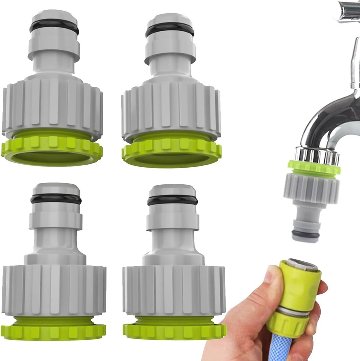 Kraanaansluiting Set van 4, Tuinkraanadapter 1/2 en 3/4 Inch, Robuuste Slangkoppeling voor Buitenkranen