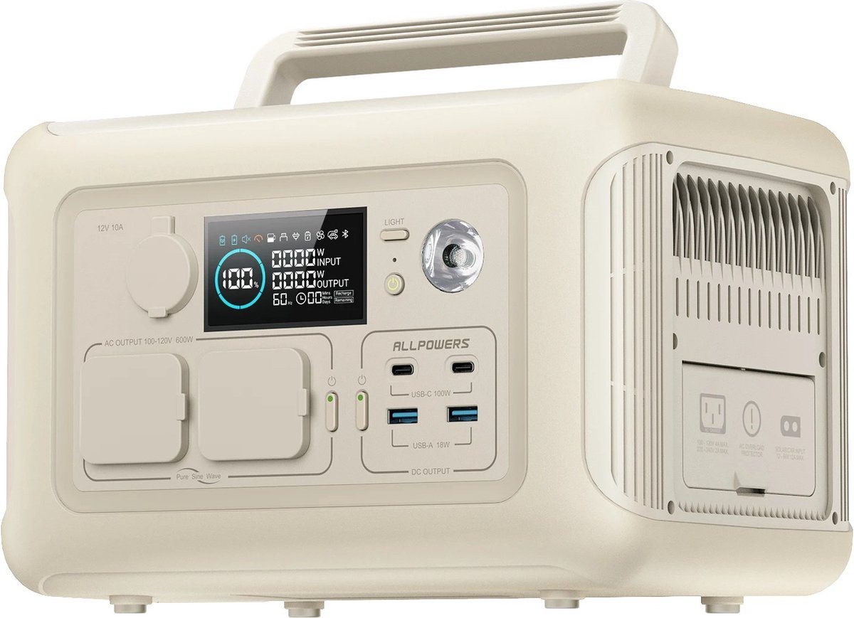 MensStore Camping Powerstation - Powerbank - Draagbaar - 1200W - 299Wh - 2x USB-C - 2x USB-A - 2x Stopcontact - Snelladen In 1 Uur - Beige