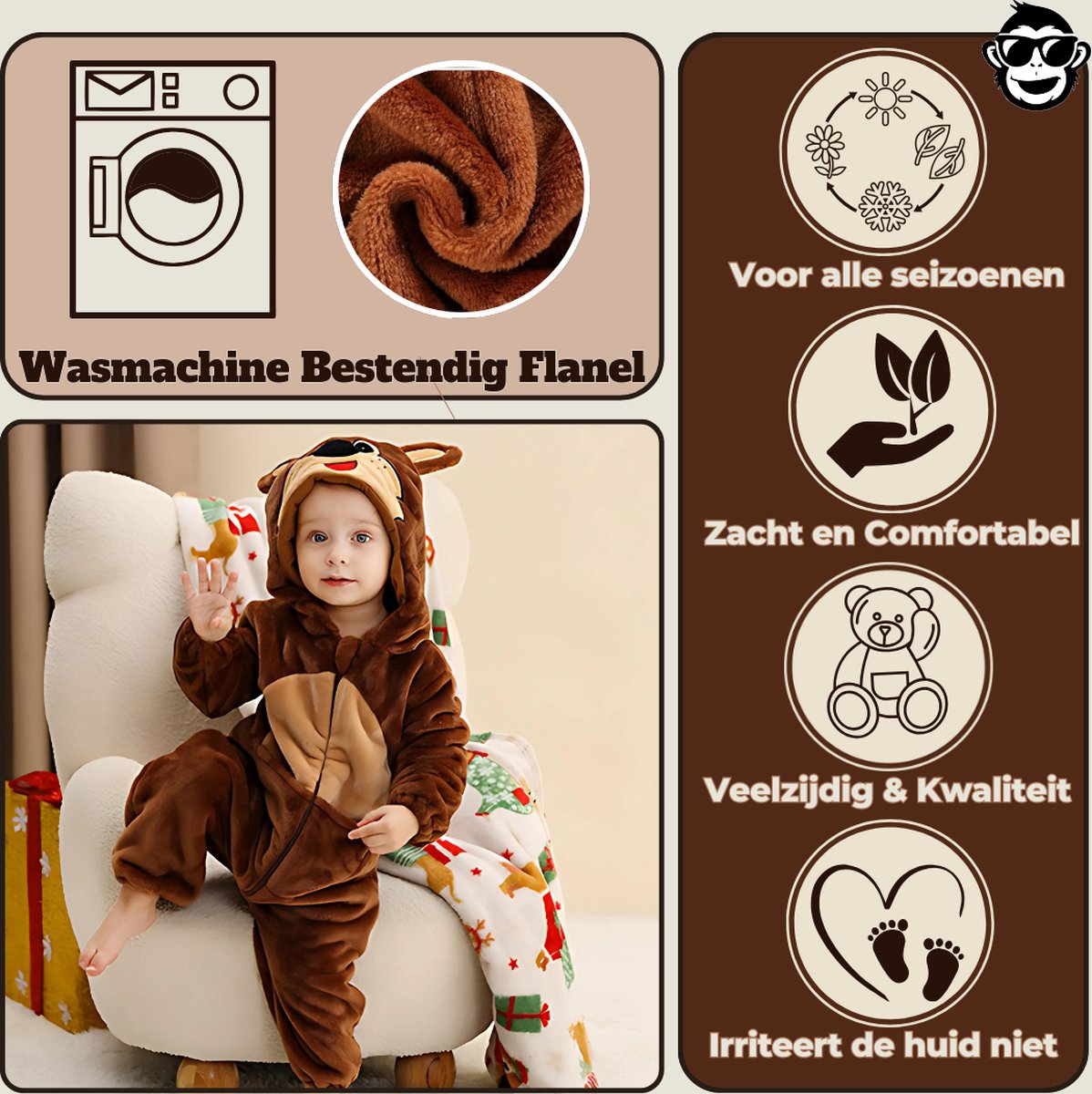 BoefieBoef Dieren Baby Onesie Peuter Pyjama Kinderen 6 maanden tot 2 jaar – Verkleedkleding met Luierrits – Carnaval Dierenpak - Halloween en Kraamcadeau Tip – Zacht Flanel - Romper - Boxpak - Jongens - Meisjes - Kruippak - Kangoeroe - Bruin — afbeelding 3