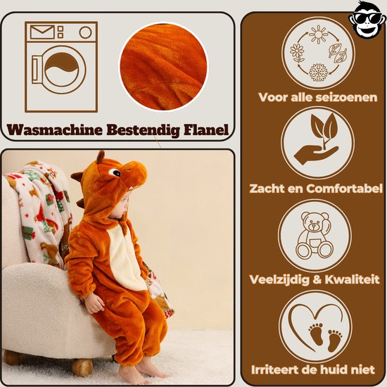 Kind in bruine dinosaurus onesie zit op een stoel, met wasmachine en flanel tekst.