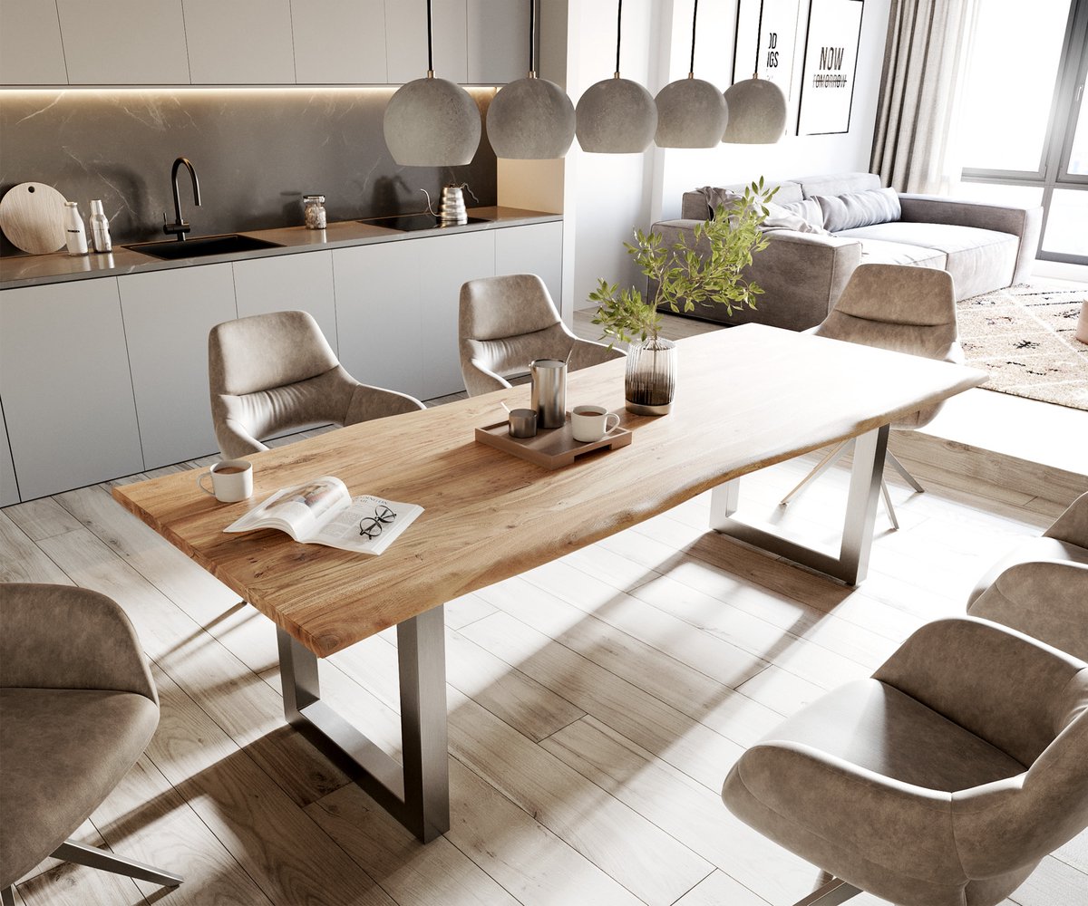 Massief houten tafel Live-Edge acacia natuur 260x100 boven 3,5cm breed boomtafel