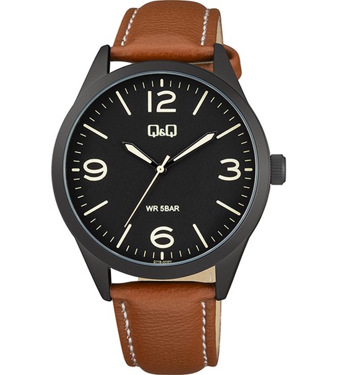 QQ Q77B-003PY - Horloge - Polshorloge - Analoog - Mannen - Vrouwen - Leren band - Rond - Metaal - Strepen - Cijfers - Bruin - Zwart - Crème-Beige