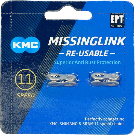 KMC MissingLink 11-speed kettingverbinders, zilverkleurig metaal, verpakt met 'EPT Anti-Rust' logo.