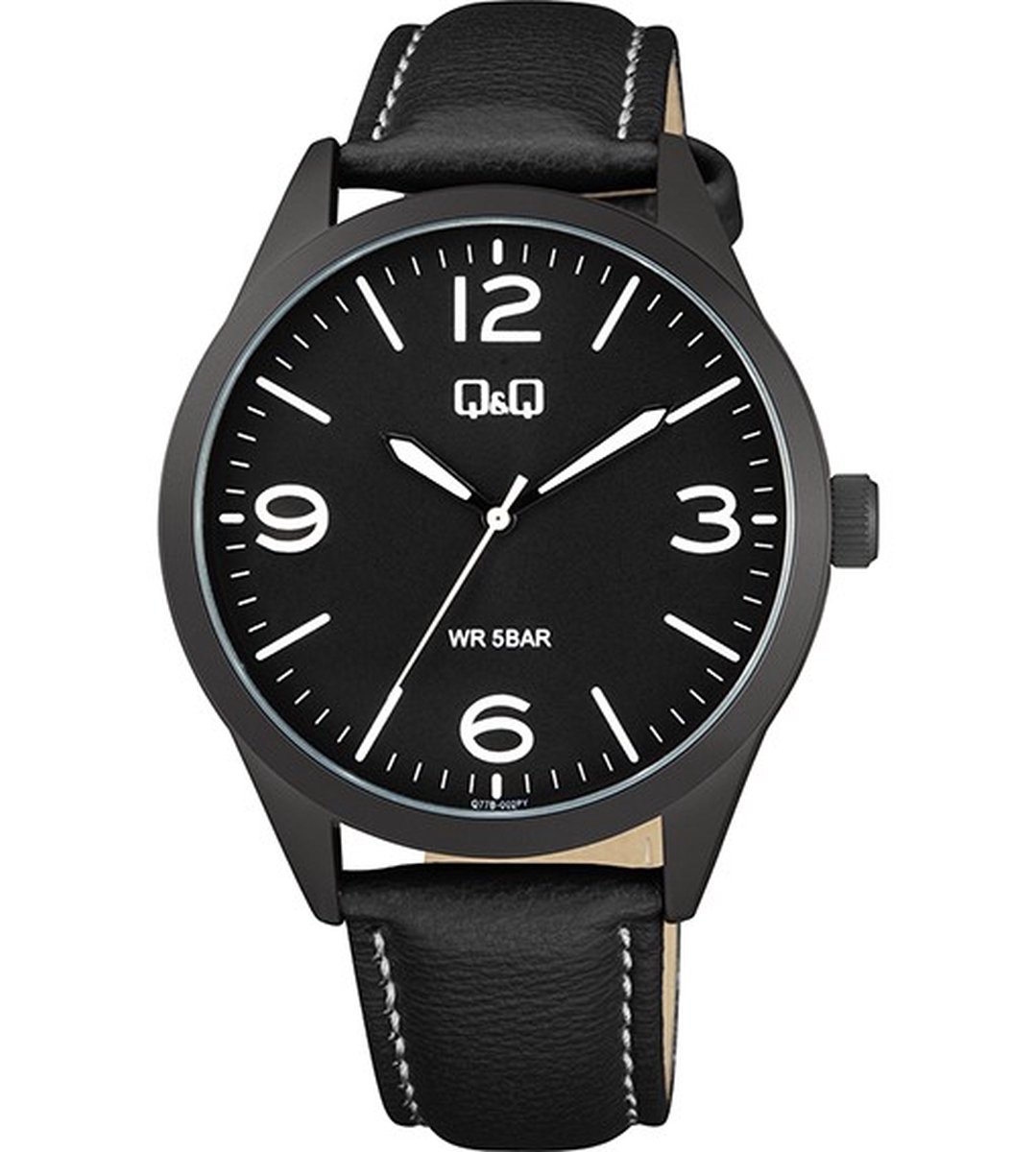 QQ Q77B-002PY - Horloge - Polshorloge - Analoog - Mannen - Vrouwen - Leren band - Rond - Metaal - Strepen - Cijfers - Zwart - Wit