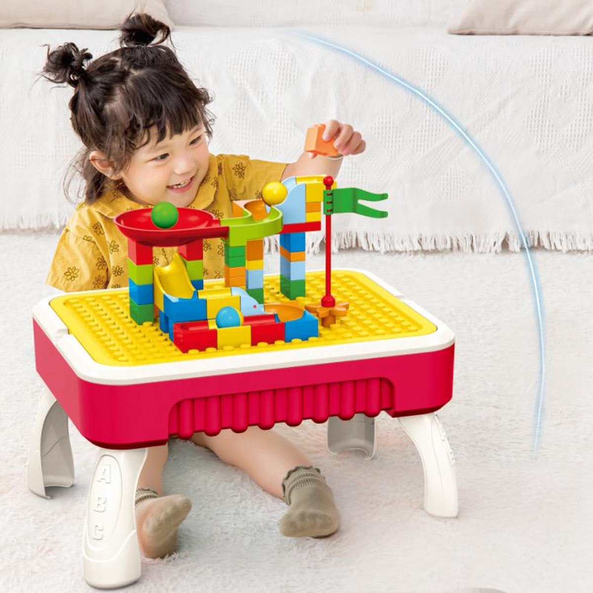 OODBLUE – 3-in-1 Bouwtafel voor Kinderen – 60-delige Blokkenset – Speeltafel met Bouwwand & Tekenbord – Educatief Speelgoed voor Jongens & Meisjes -Draagbare Opbergkoffer