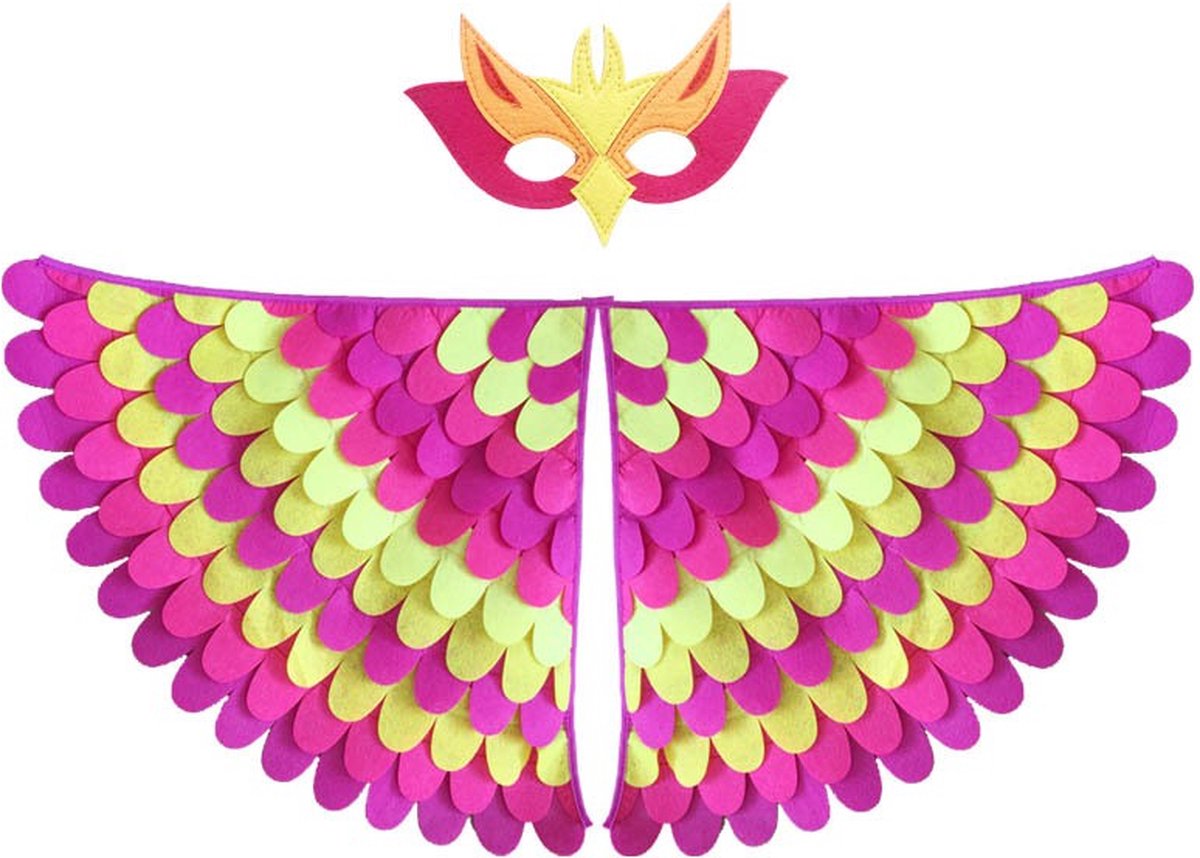 Joya Kids® Vogel Verkleedcape en Masker Fluo Roze en Geel | Cape met Masker van Vilt | Vilten Verkleedset | Verkleden Paradijsvogel | Meisje en Jongen Verkleedkleding | Cape Set | Carnaval en Halloween Outfit Kinderen — afbeelding 3