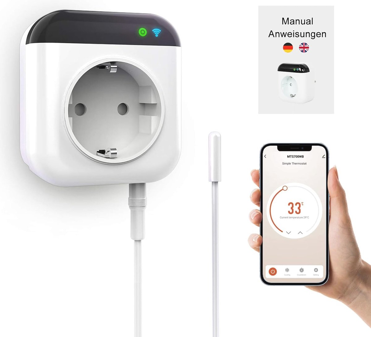 Programmeerbaar Wifi Thermostaatstopcontact met Sensor - Slimme App Bediening en Compatibiliteit met Alexa en Google Assistant