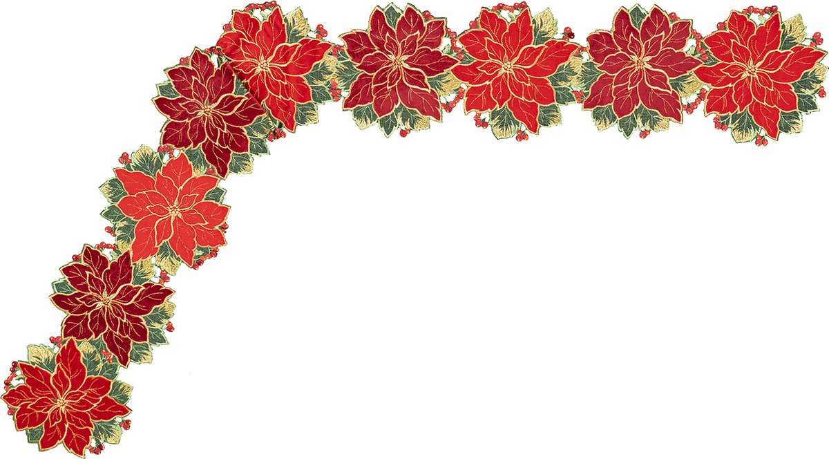 Tafelloper - Kerst - Kerstbloem - rood - groen - bladeren - gouddraad - Loper 20 x 160 cm