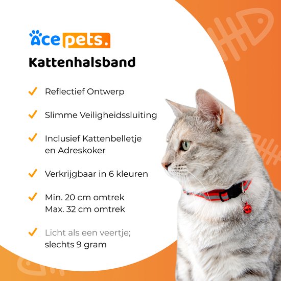ACE Pets Reflecterende Kattenhalsband met Veiligheidssluiting - Halsband Katten & Kitten Verstelbaar - Adreskoker Kat - Halsband met Belletje - ACE Pets