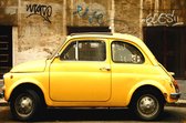 Dibond - Auto / Fiat 500 - Geel / zwart / buin - 100 x 150 cm.