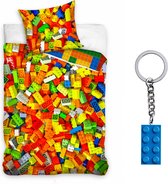 Dekbedovertrek Lego- 1 persoons- 140x200- dubbelzijdig- Katoen- bouwstenen- bricks, inclusief lego steen sleutelhanger blauw