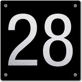 Huisnummerbord - huisnummer 28 - zwart - 12 x 12 cm - rvs look - schroeven - naambordje - nummerbord  - voordeur