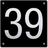 Huisnummerbord - huisnummer 39 - zwart - 12 x 12 cm - rvs look - schroeven - naambordje - nummerbord  - voordeur